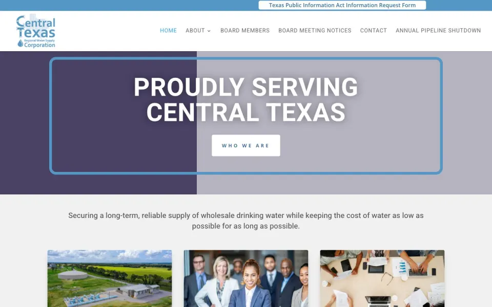 Desktop view of the Central Texas Regional Water Supply Corporation website captured July 30, 2026