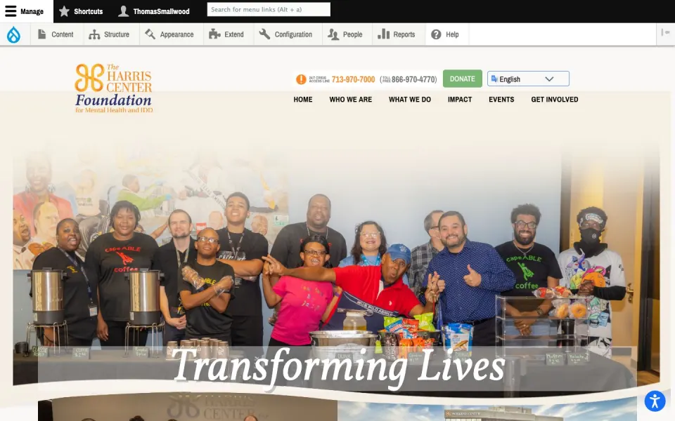 Desktop view of the The Harris Center Foundation website captured July 30, 2026