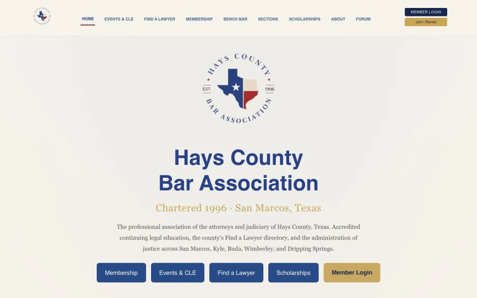 Desktop view of the Hays County Bar Association website captured July 30, 2026