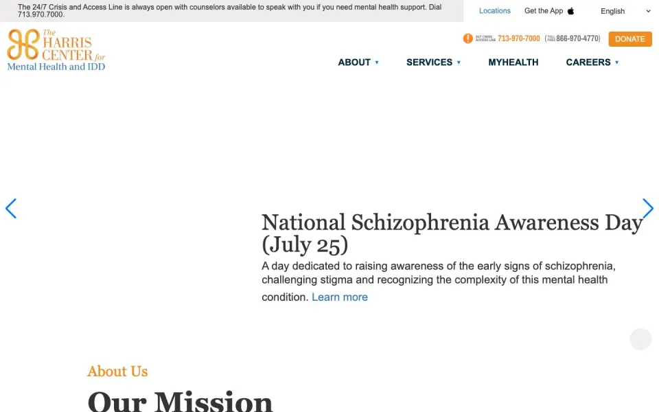 Desktop view of the The Harris Center website captured July 30, 2026