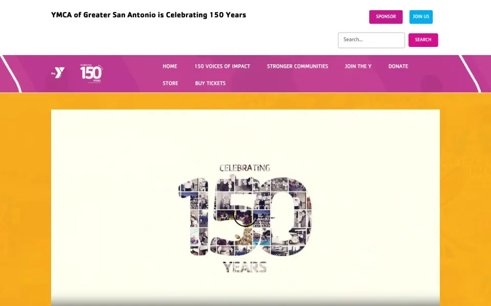 Desktop view of the YMCA of Greater San Antonio 150th website captured July 30, 2026